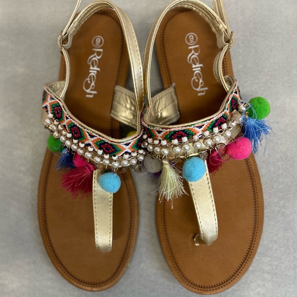 Refresh Gold T-Strap Embellished Sandals with Multicolor Pom-Poms